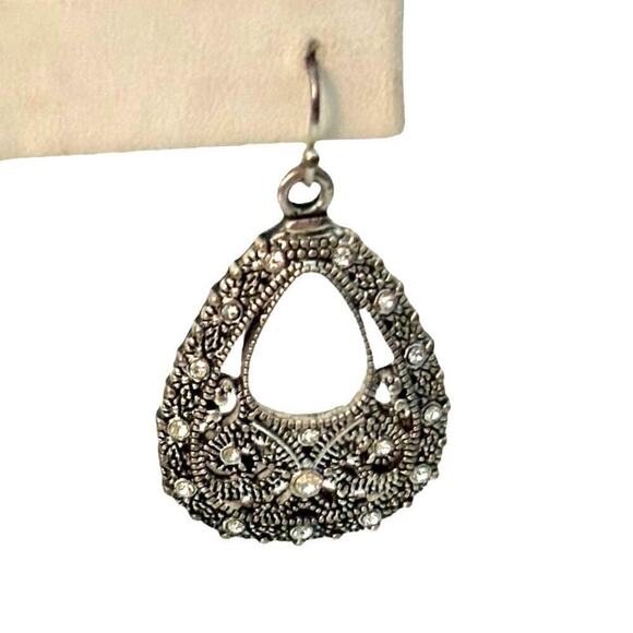 Teardrop Filigree Earrings Silver with Crystal Embellishments - Picture 2 of 4